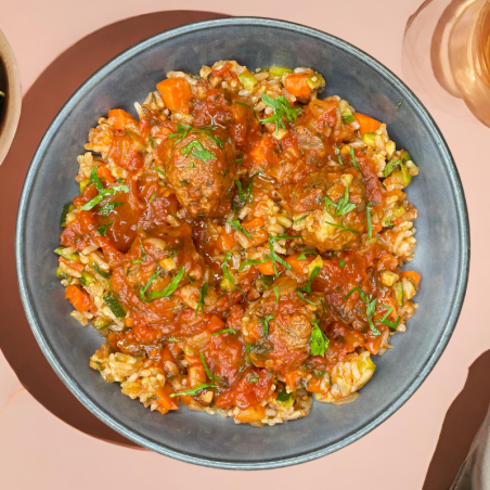 Boulette végétales, riz à la tomate et légumes