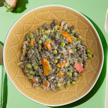 Salade de lentilles, lieu fumé et vinaigrette à la mangue