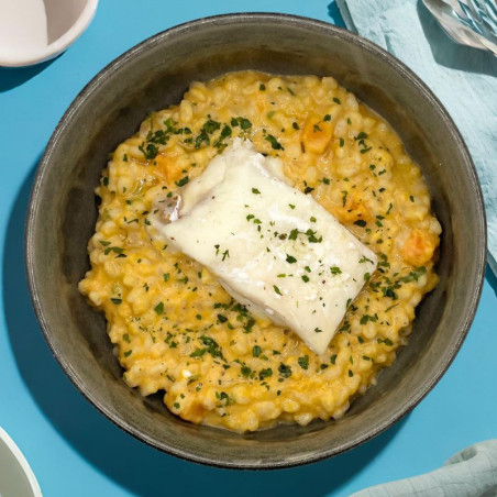 Pavé de cabillaud, risotto crémeux de blé aux courges