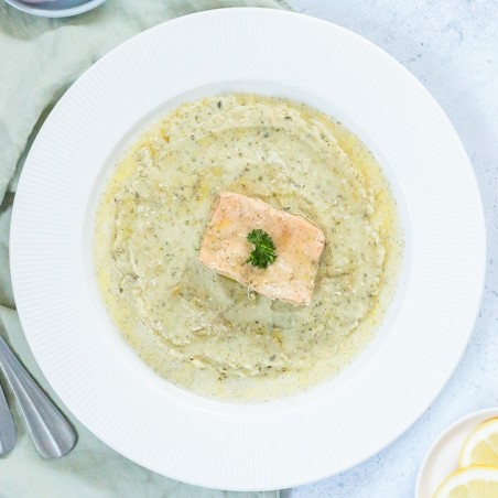 Saumon mariné, purée de courgettes et pommes de terre