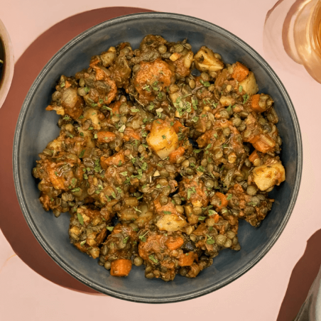 Lentilles à l'espagnol, chorizo végétarien