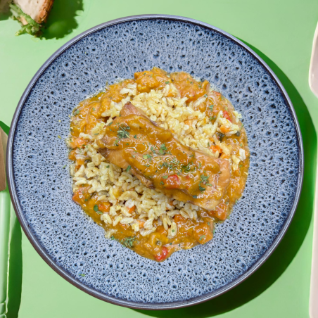 Merlu sauce kerala et son riz complet aux légumes