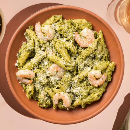 Pennes au pesto et aux crevettes