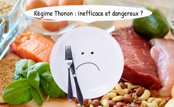 Visuel représentant une assiette avec un visage triste car elle est vide. Un texte est présent "regime thonon : inefficace et dangereux ?"