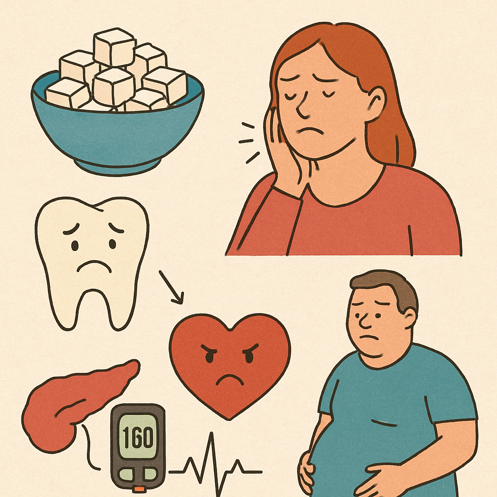 Visuel avec les méfaits du sucre : dents, coeur, estomac, etc/